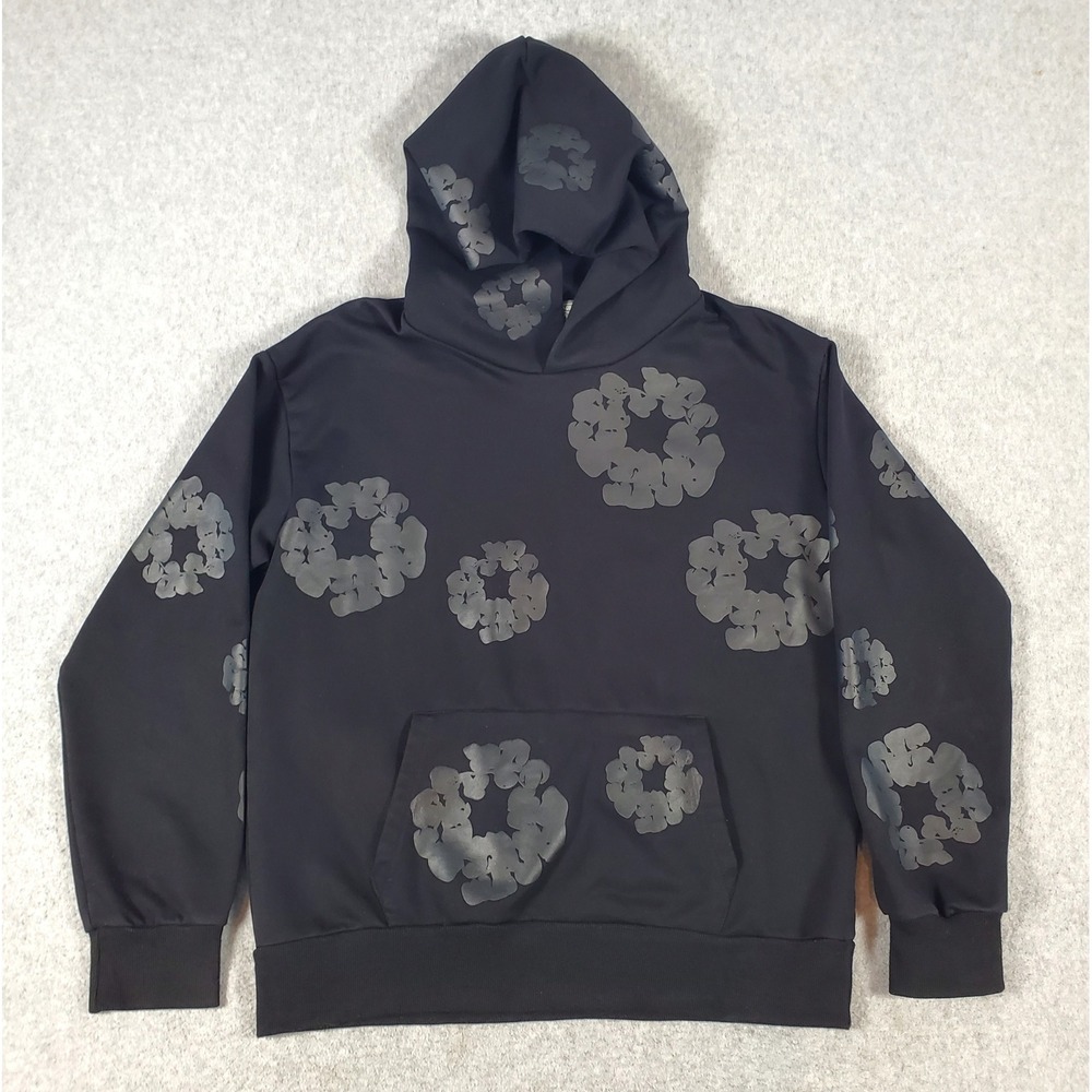 Denim Tears Cotton Wreath Hoodie Black Tonal Floral Print Mens Large Made in USA